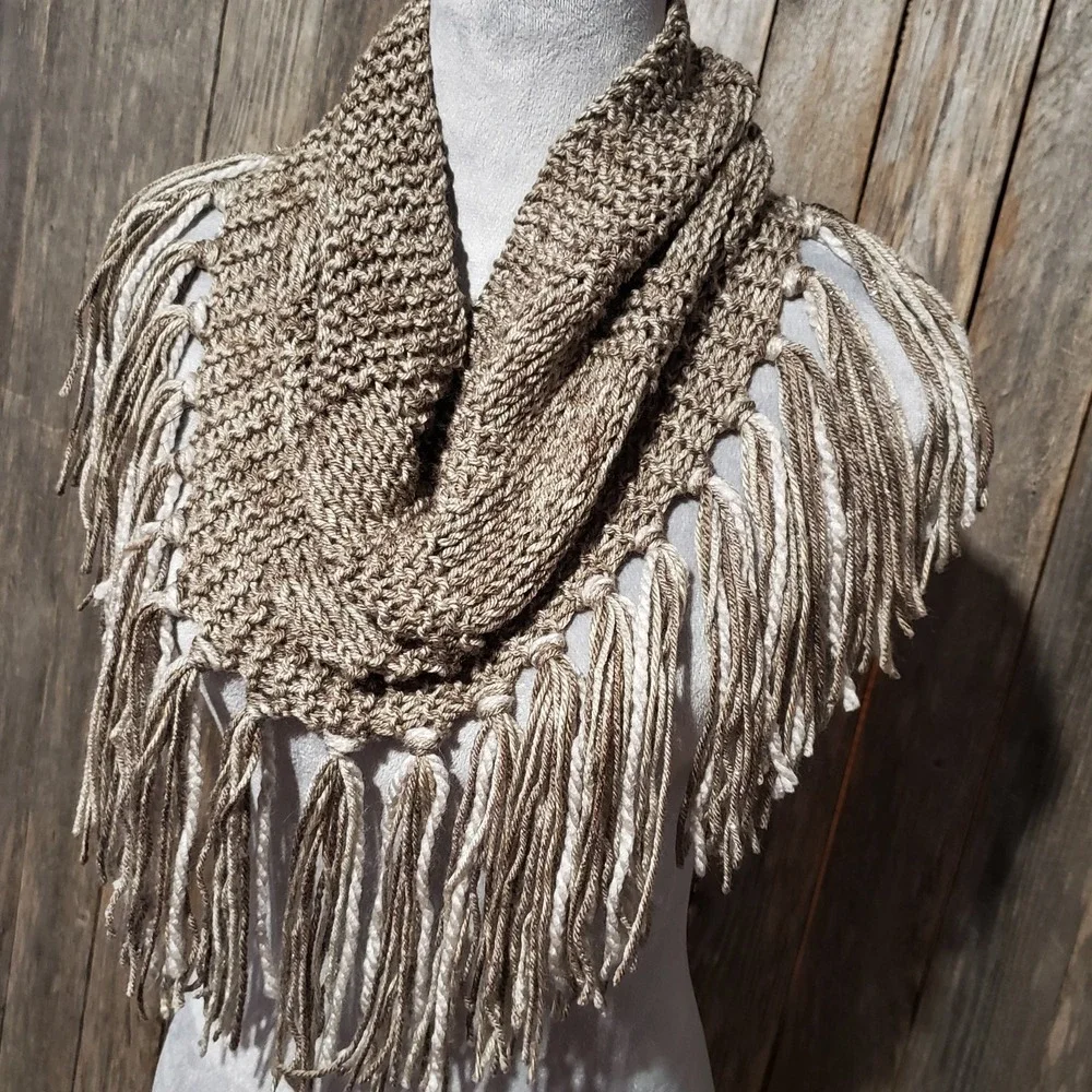 NEW Hand Knitted Taupe Boho Cowl Scarf Fringe Cottage Earthy Artsy Cottage Indie